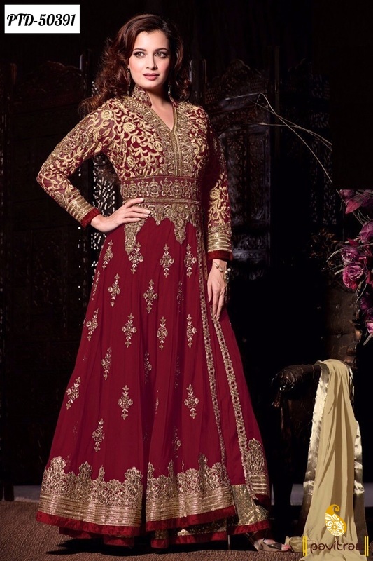 Dia Mirza special maroon santoon designer anarkali bollywood salwar suit online shopping at lowest price in India