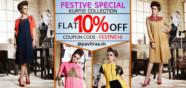 Navratri and Diwali discount offer on designer kurtis collection with flat 10% off online shopping at pavitraa.in