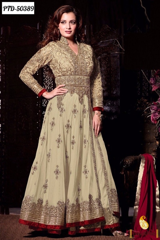 Wedding and New Year Dia Mirza beige santoon designer anarkali bollywood salwar suit online shopping with discount offer deal at pavitraa.in
